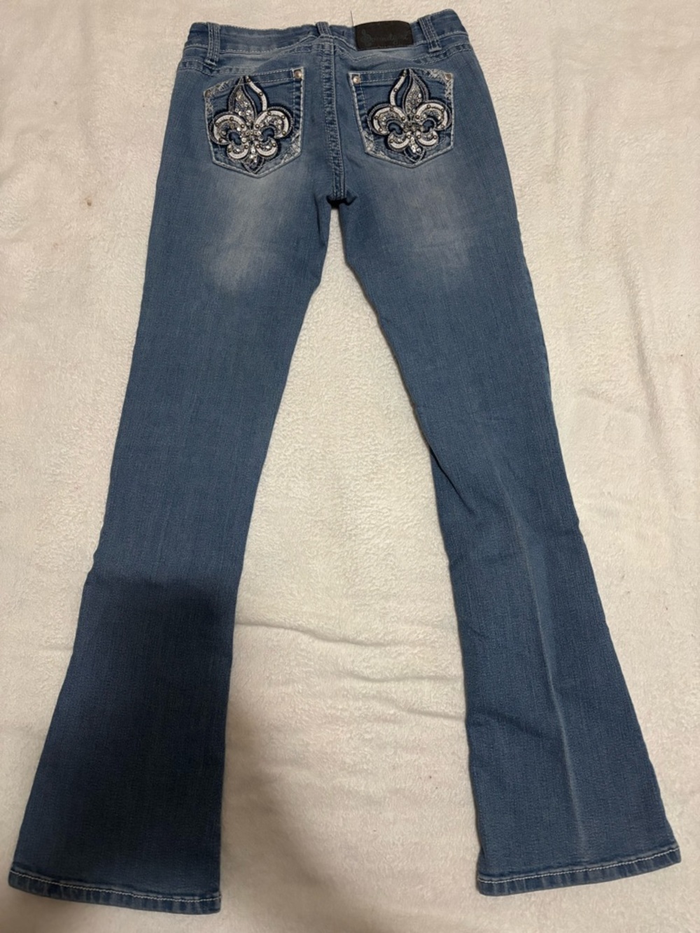 Soundgirl Distressed Flared Jeans in Medium Blue - Picture 2 of 3